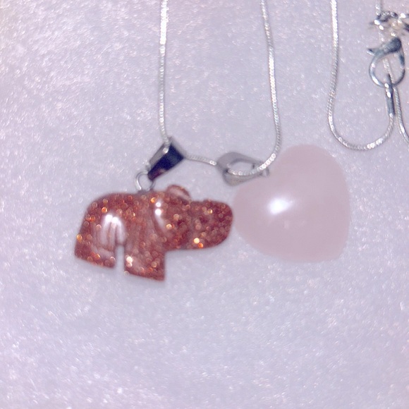 Boho Hippie Rose Quartz Crystal heart & Goldstone Elephant 🐘 16” Silver … - Picture 4 of 6